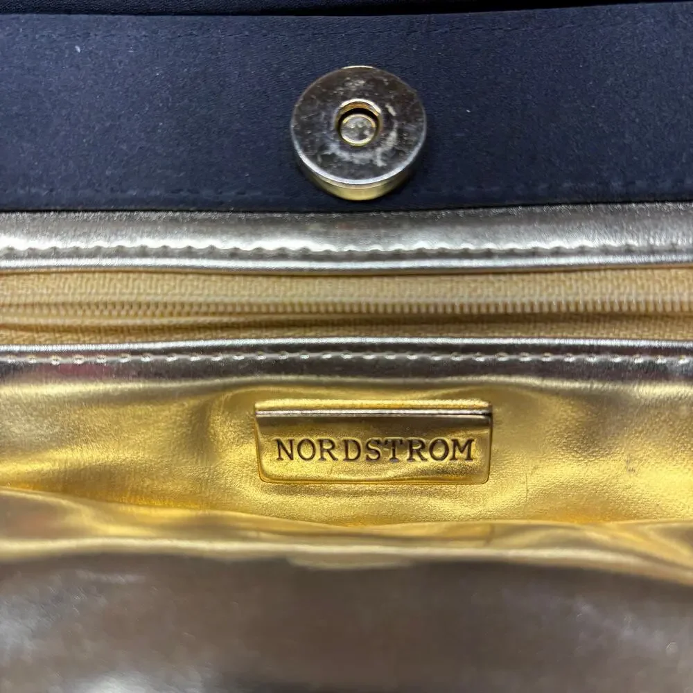 Vintage Nordstrom Black Satin Evening Purse Gold Pearl Clasp Rope Strap Hongkong